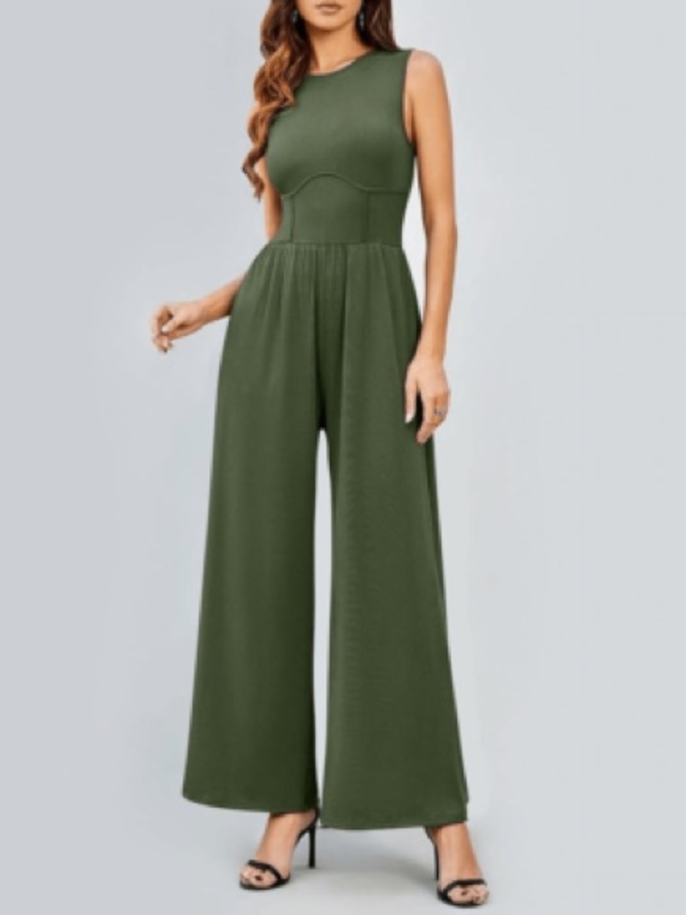 Cider Olive Green Ribbed Corset Waist Wide Leg Jumpsuit